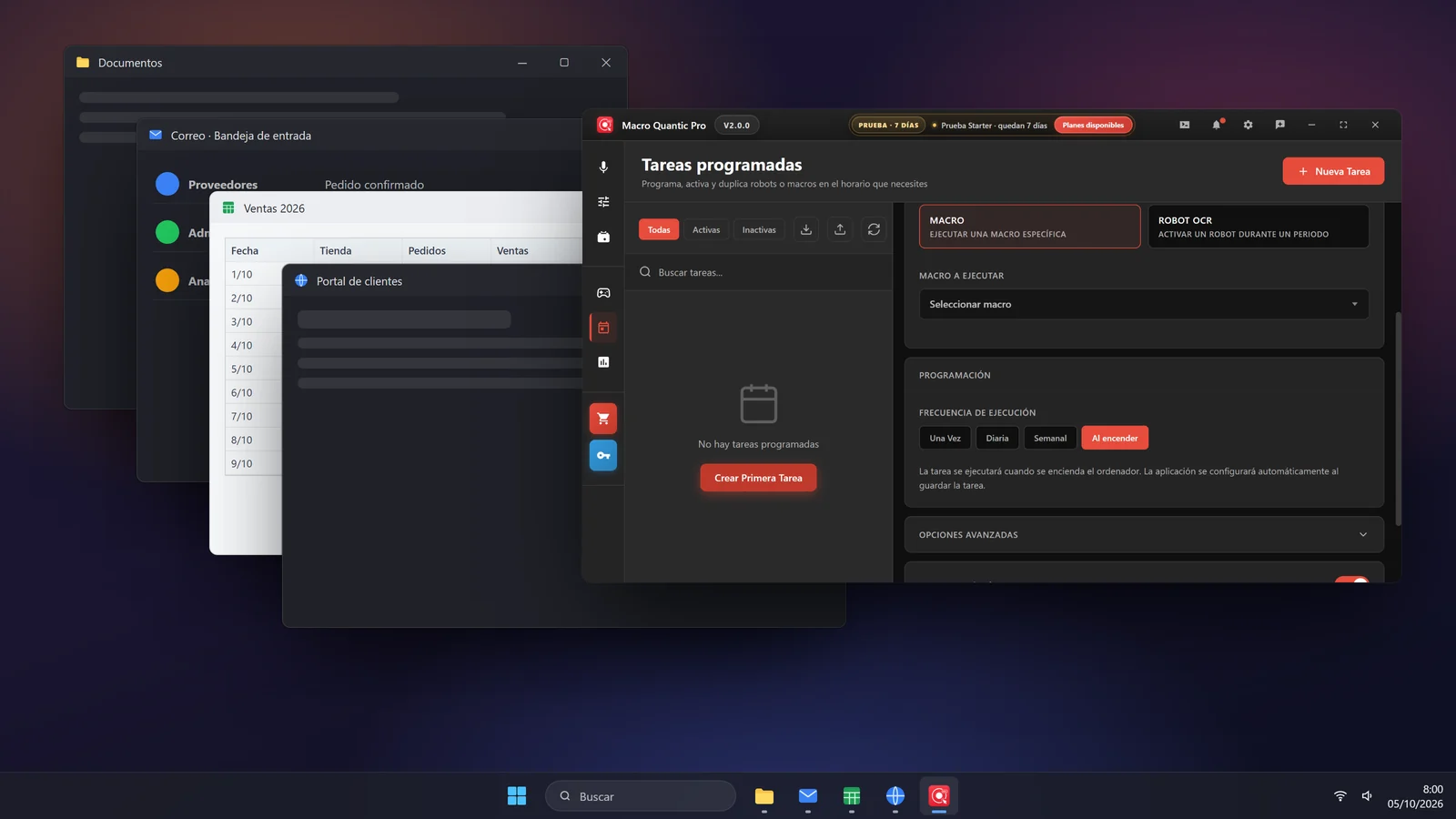 Los programas de cada mañana abiertos en Windows y la tarea programada «Al encender» de Macro Quantic Pro.