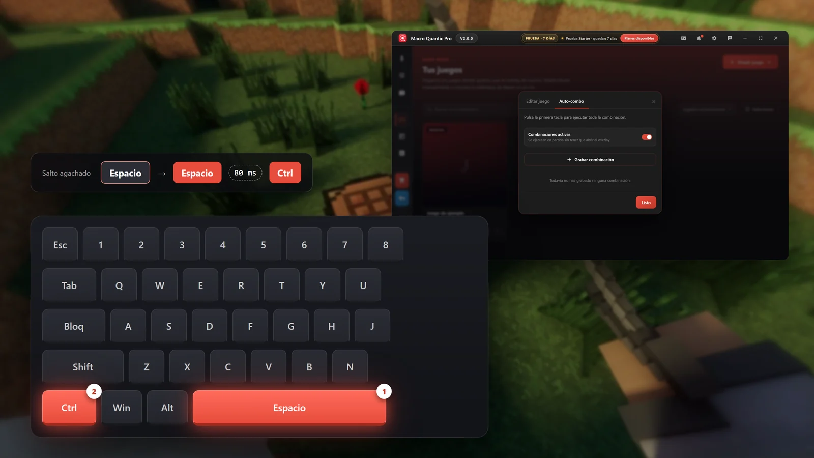 Eine Tastatur mit den leuchtenden Tasten einer Kombo, ihrem Rhythmus von 80 ms und dem Auto-Kombo-Fenster von Macro Quantic Pro.