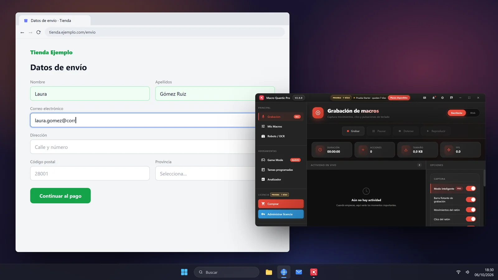 A half-completed shipping details form next to Macro Quantic Pro's Recording screen.