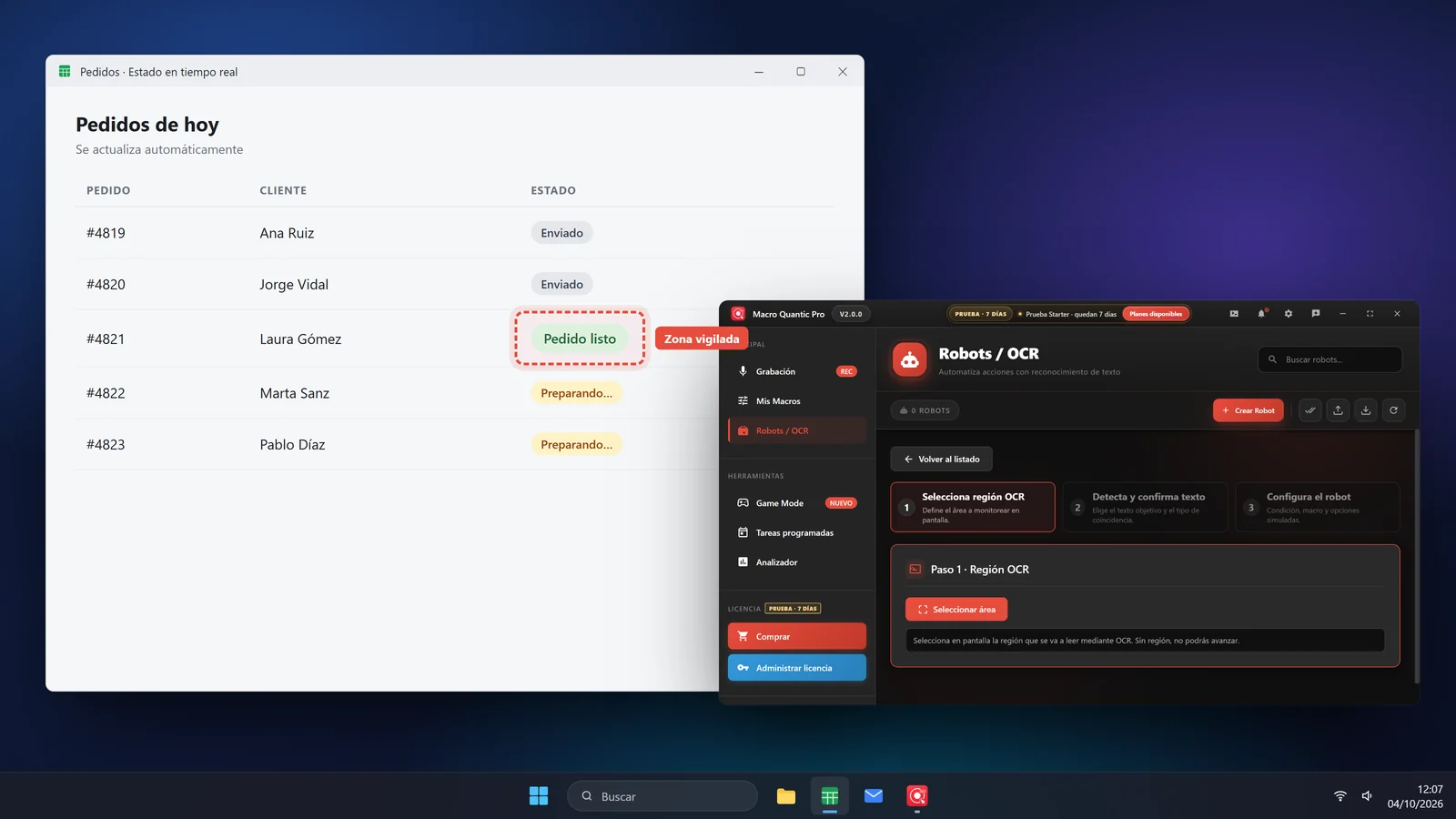 The text "Order ready" inside a watched area and Macro Quantic Pro's Robots / OCR window.