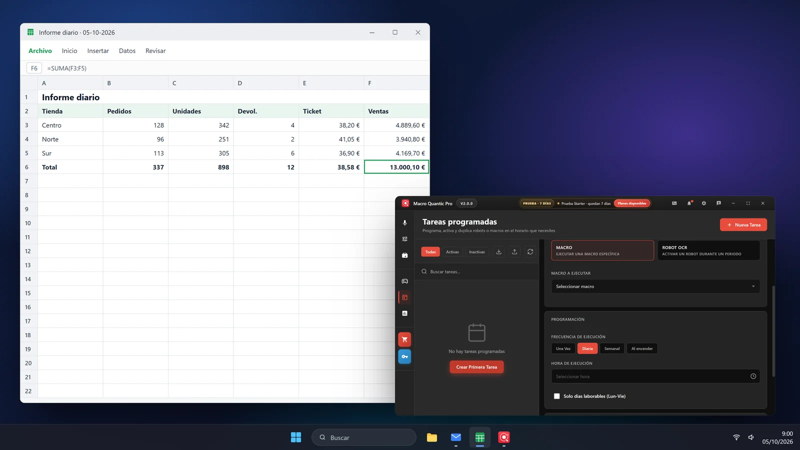 Uma planilha com o relatório diário de vendas e a tarefa diária do Macro Quantic Pro que o prepara.