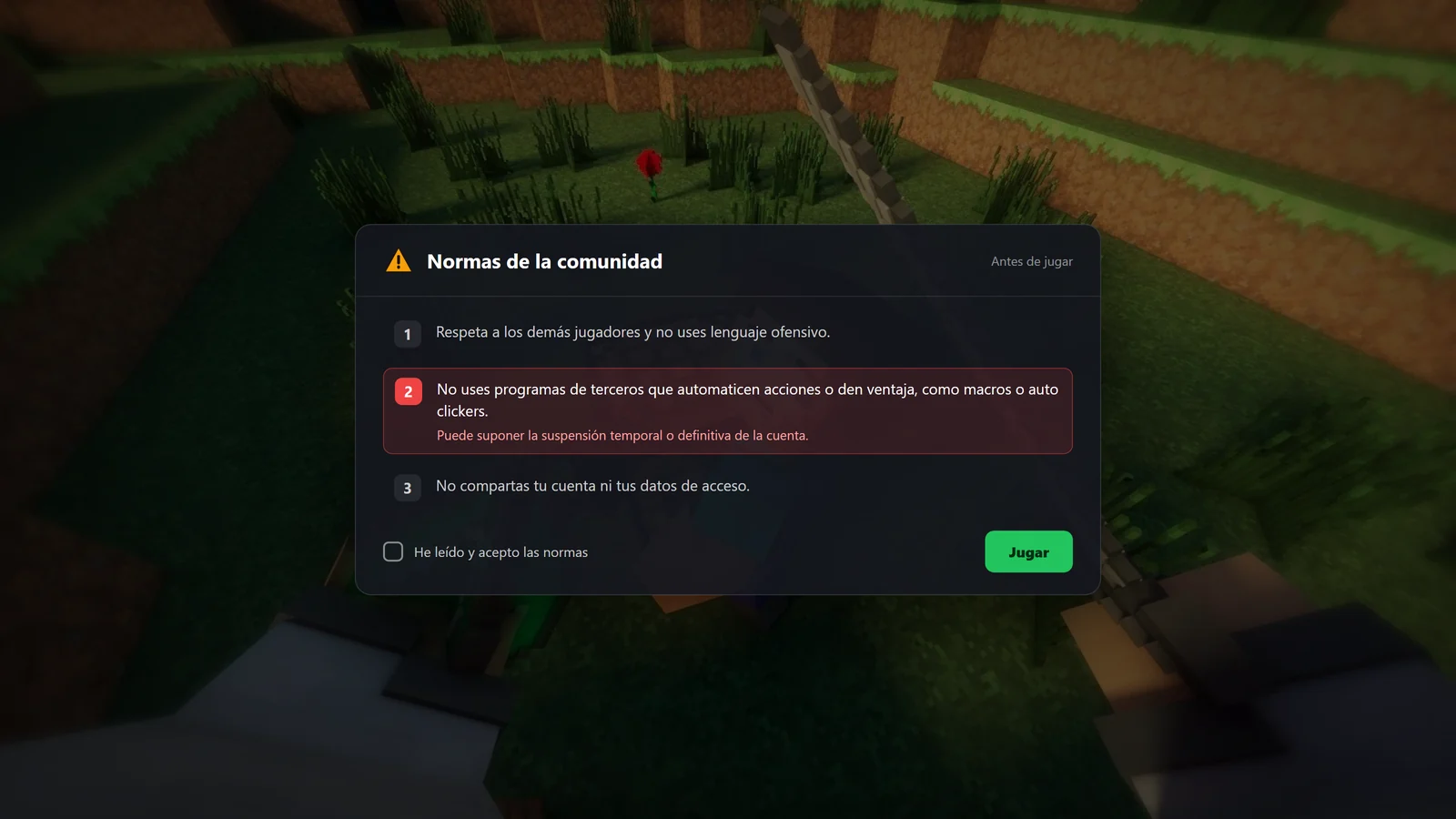 As regras da comunidade de um jogo com destaque para a regra que proíbe macros e auto clickers.