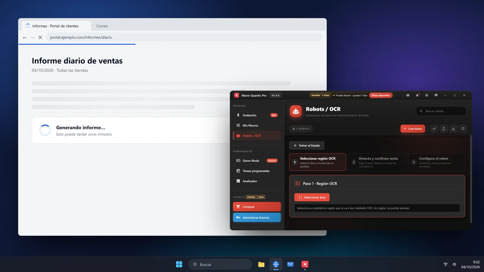 Macro Quantic Pro bitmesini beklemek için bir OCR robotu hazırlarken rapor oluşturan bir web portalı.